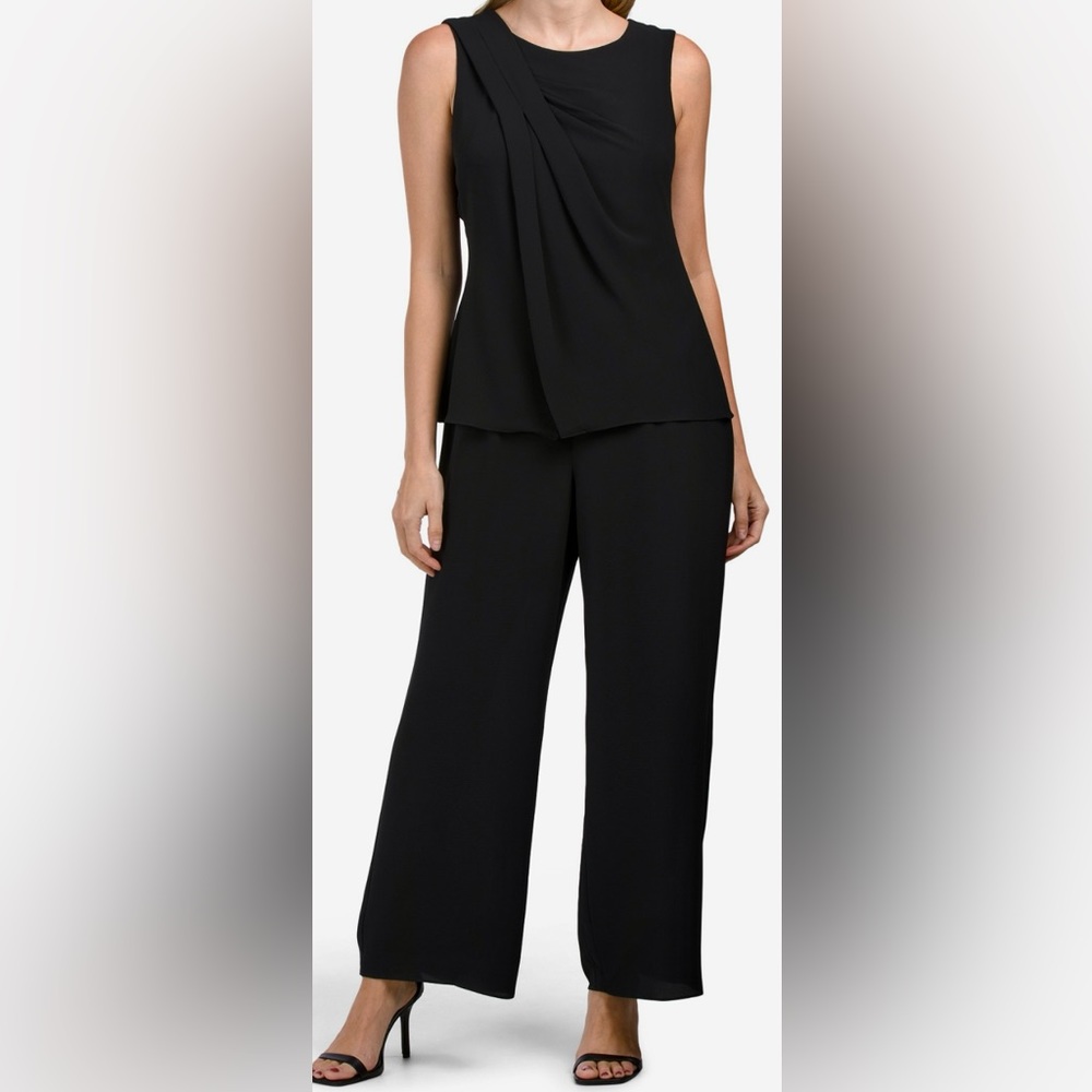 LONDON TIMES Jewel Neck‎ Pleated Crisscross Jumpsuit Black